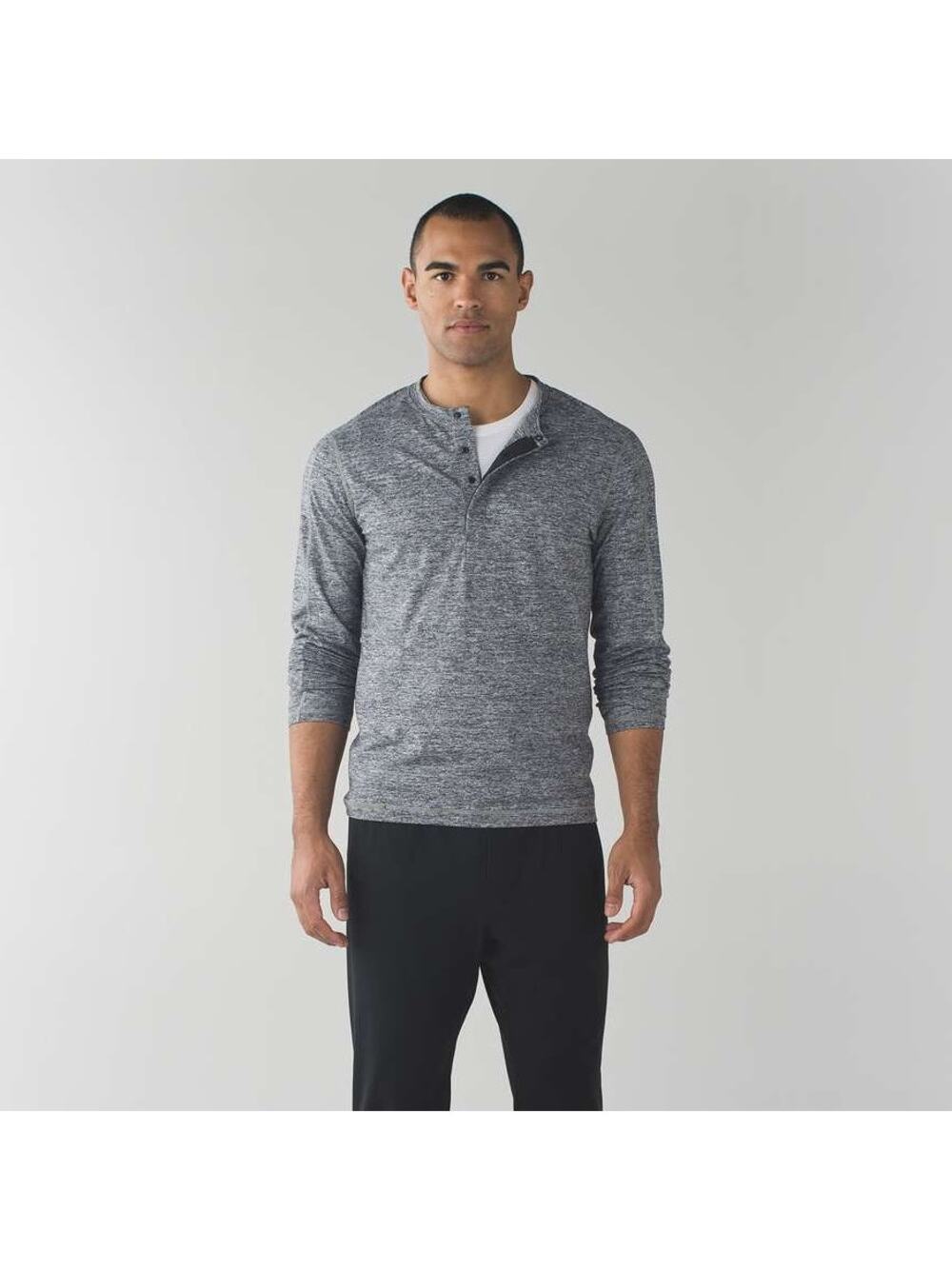 Lululemon Surge Long Sleeve Henley Space Dye Black Grey Size Large Run Gym Hike